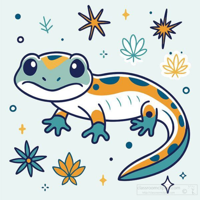 Cute cartoon lizard with orange and teal spots surrounded by stars and leaf decorations