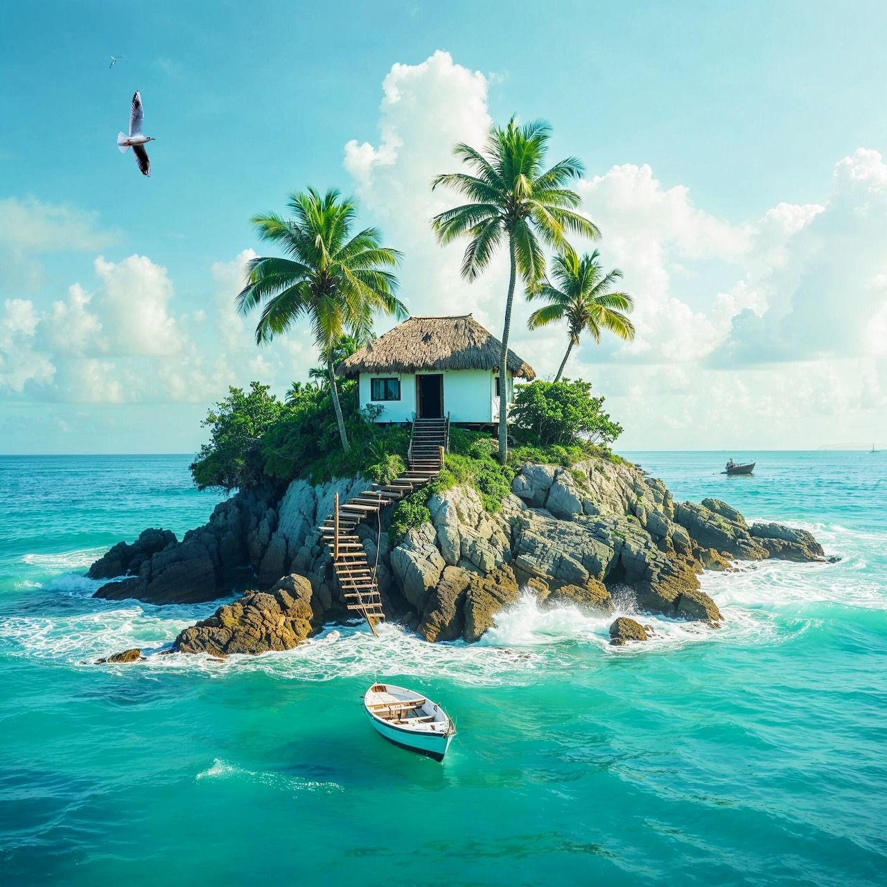 Small tropical house on a rocky islet with palm trees, turquoise sea, and a rowboat