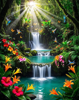 Fantasy jungle waterfall with turquoise pools, colorful flowers, butterflies, birds, and sunbeams