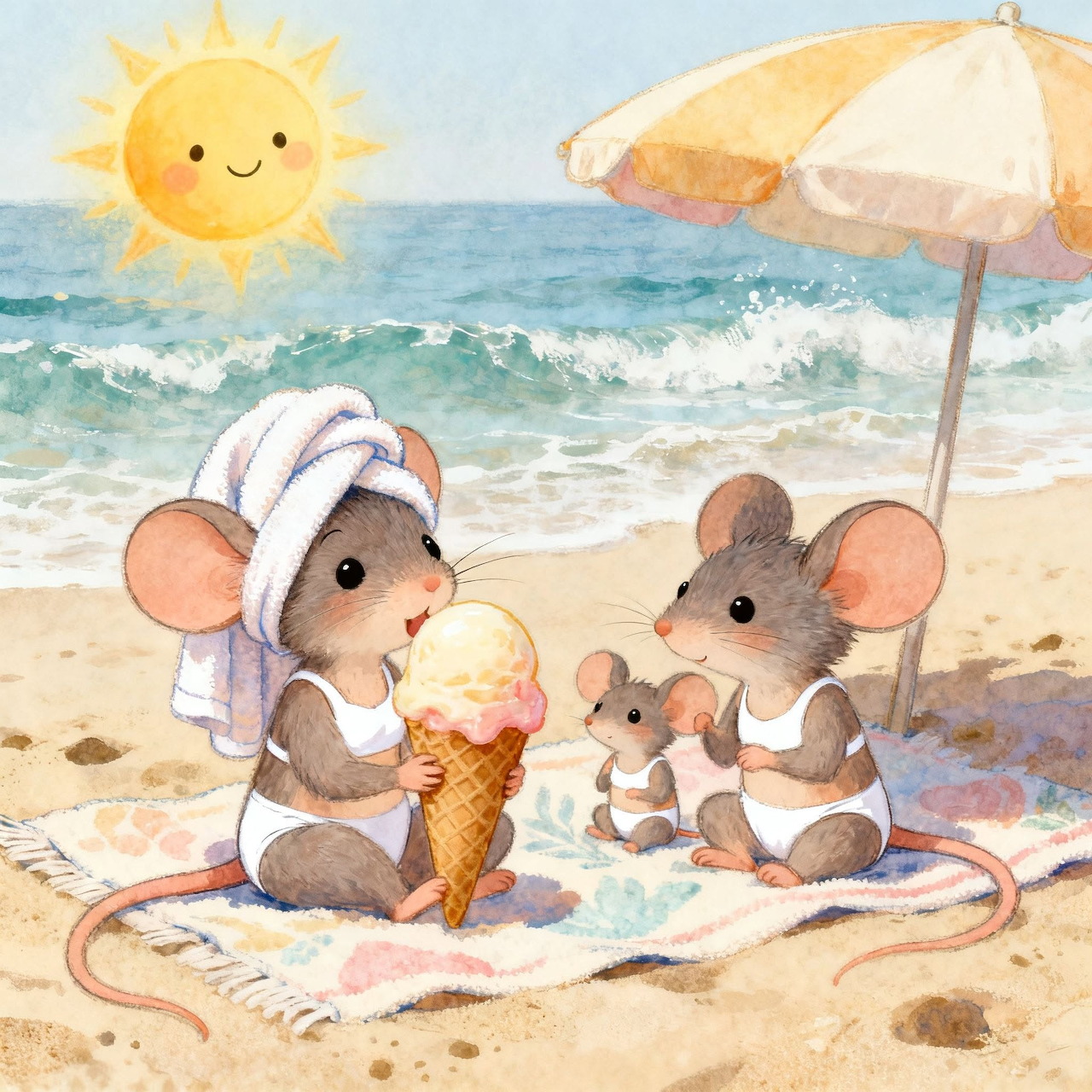 Illustrated mice on a sandy beach with ice cream, ocean waves, and a smiling sun