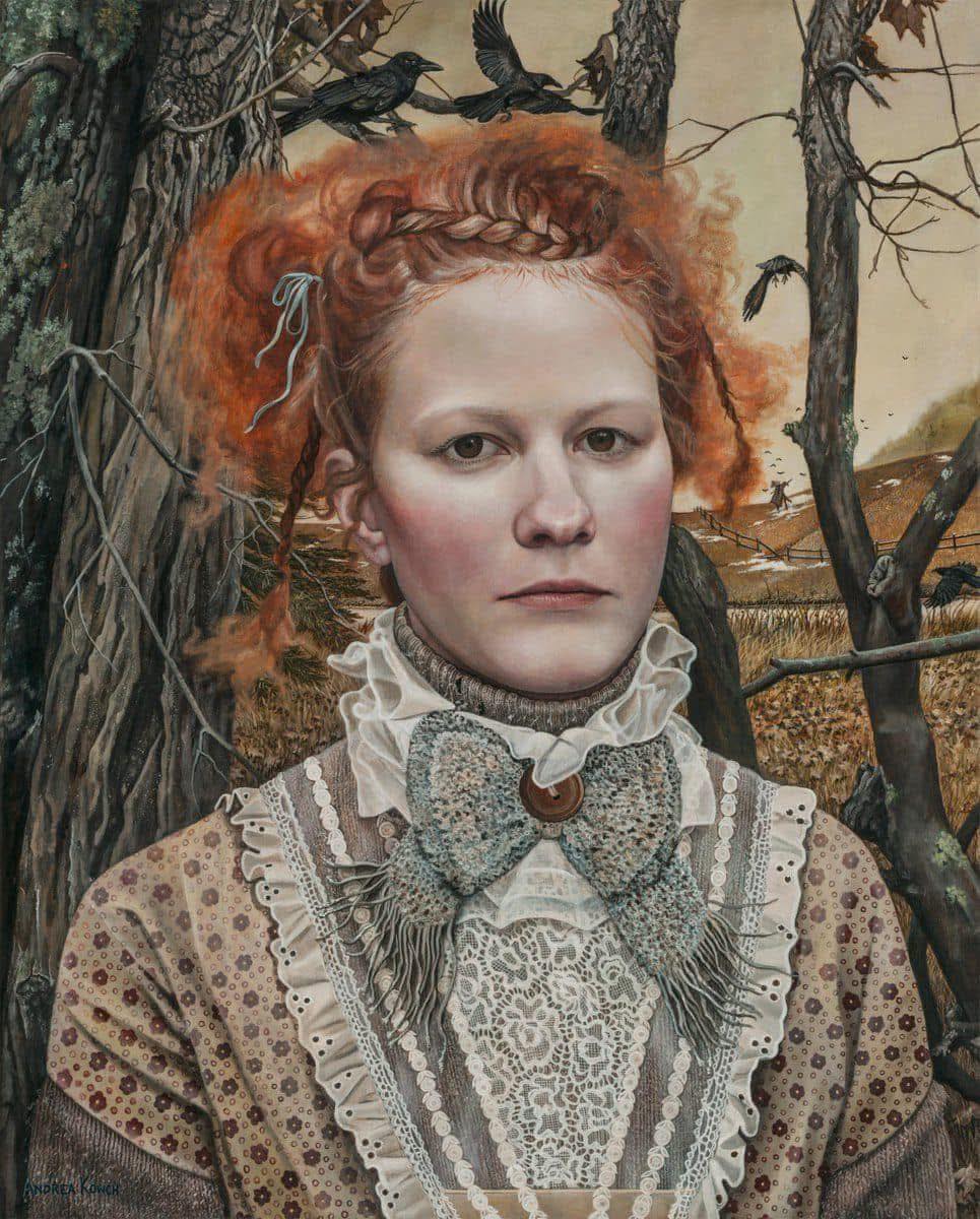 Painting of a red-haired woman in Victorian lace collar with crows and bare trees behind her
