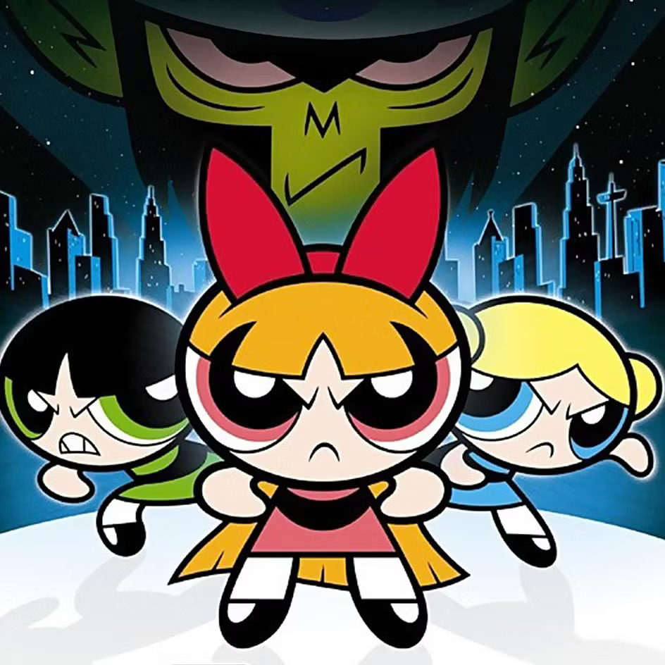 The Powerpuff Girls pose together with a dark city skyline behind them.