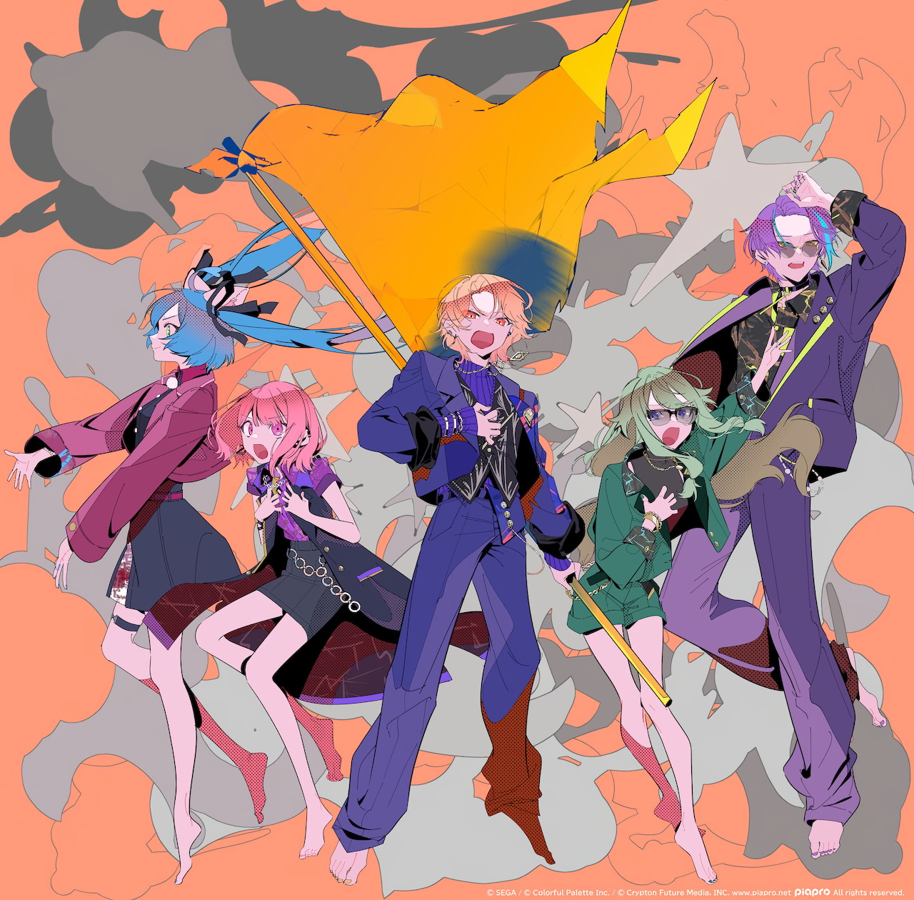 Anime-style illustration of four colorful characters posing on an abstract background