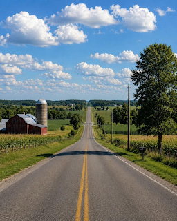 Straight country road with yellow center line passing farms and cornfields under a blue sky with white clouds