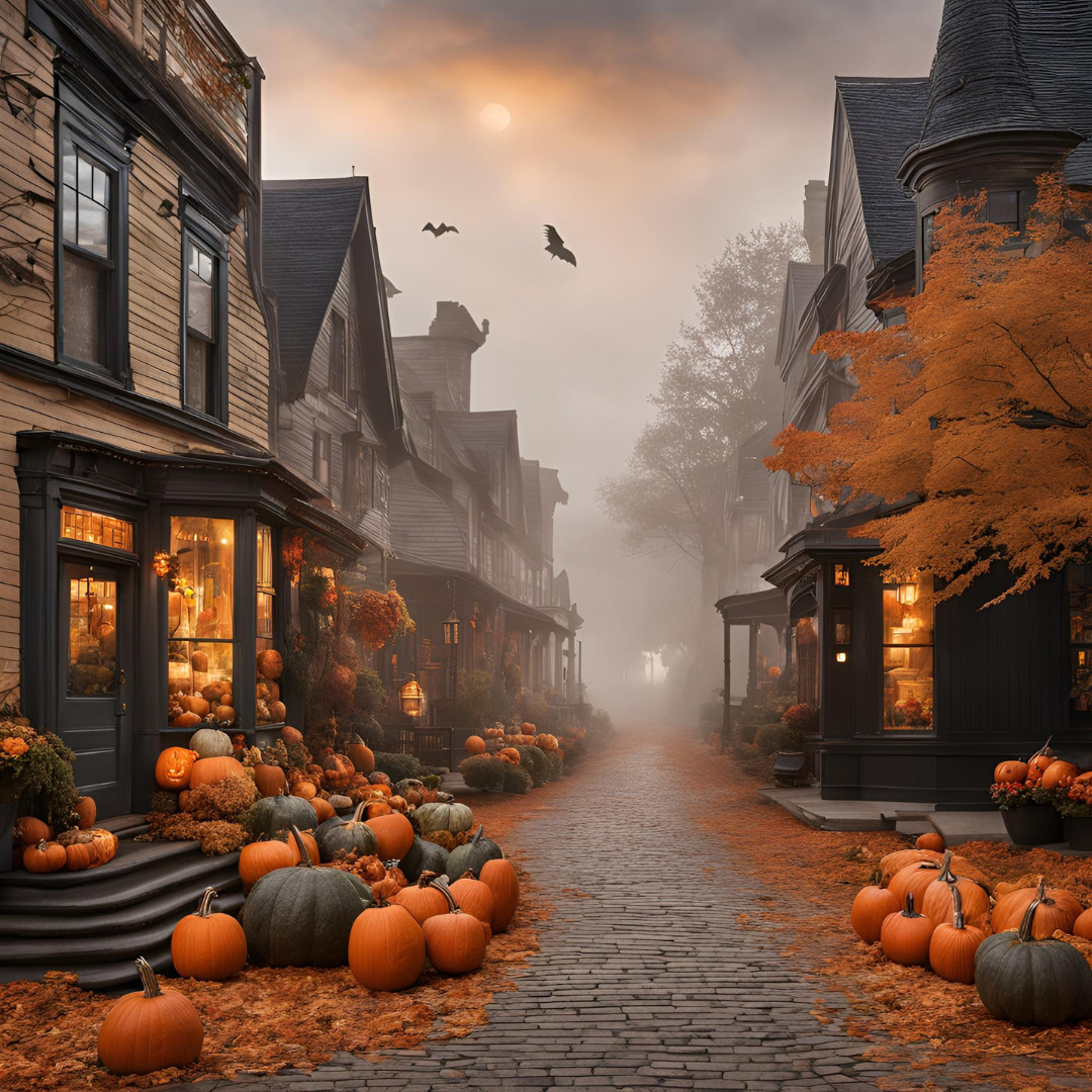 Misty street with vintage buildings, carved pumpkins, and warm glowing windows in Halloween town setting