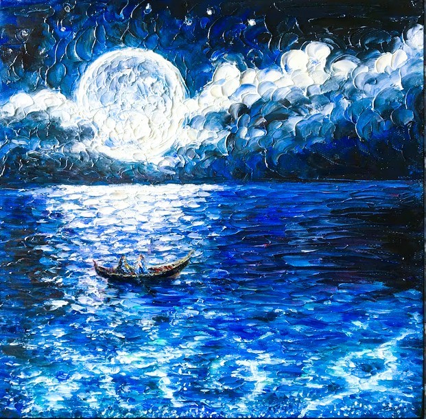Impressionist painting showing boat on moonlit water with swirling sky in blue and white impasto brushstrokes