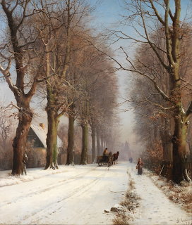 Horse-drawn carriage on snowy tree-lined road in winter mist