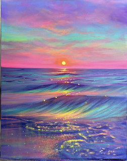 Vibrant painted sunset over ocean with pink and purple sky and shimmering turquoise waves