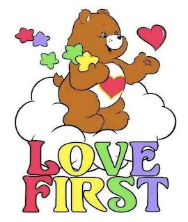 Tenderheart Bear from Care Bears with heart badge, stars and cloud