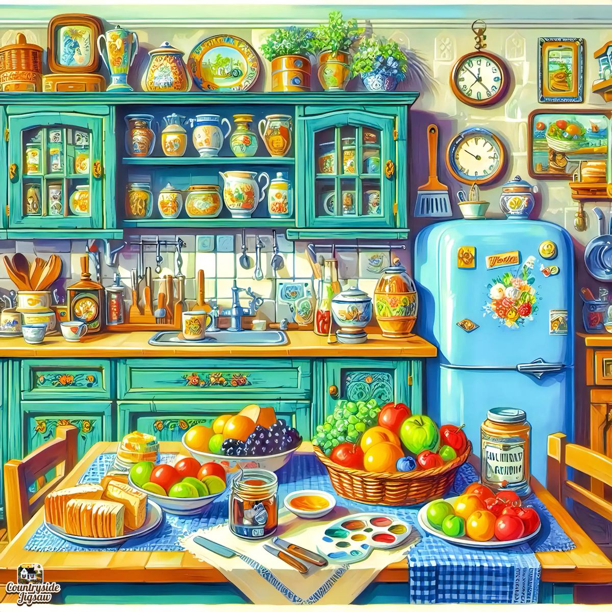 Vibrant illustrated kitchen with turquoise cabinets, colorful fruit, baked goods, and vintage decor