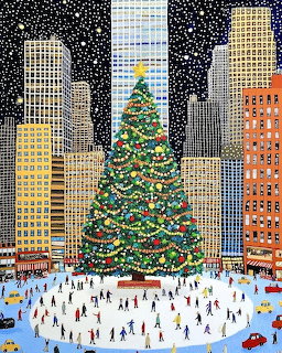 Decorated Christmas tree in city square with tall buildings and ice skaters