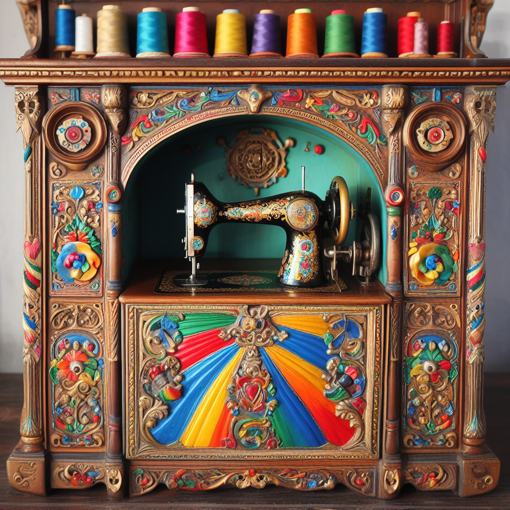 Colorful vintage sewing machine in an ornate carved cabinet with thread spools on top