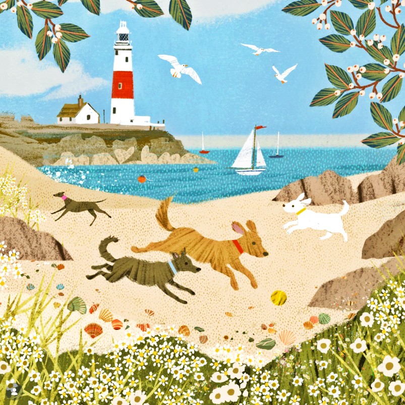 Two dogs playing on beach near lighthouse and ocean with sailboat