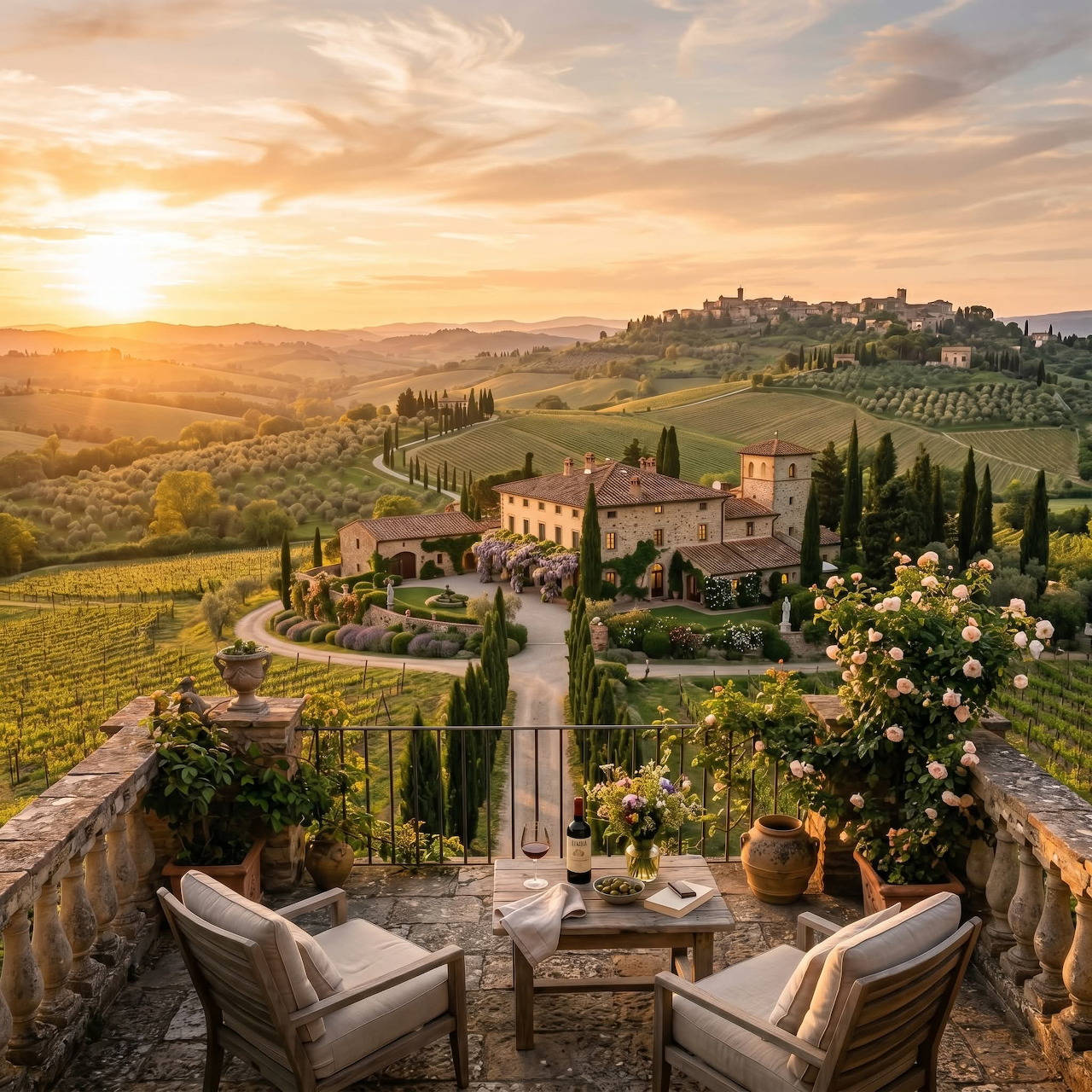 Terrace chairs overlooking a Tuscan villa, vineyards, cypress trees, and rolling hills at sunset