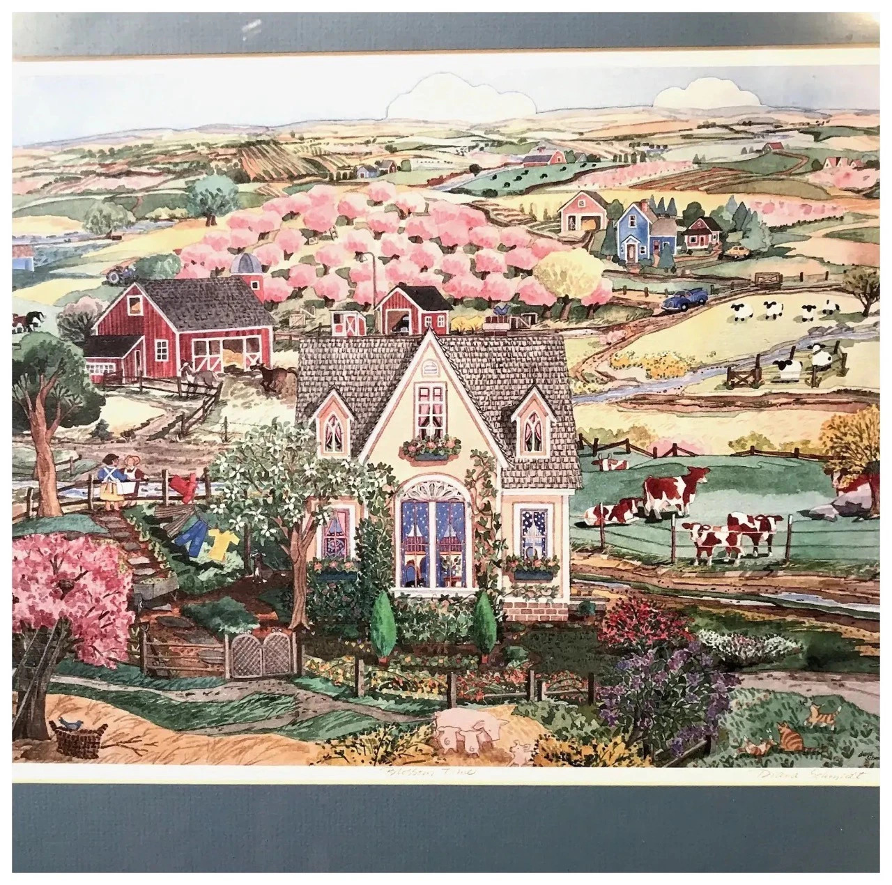 Illustrated farm scene with white cottage, pink blossoms, red barns, and golden fields under soft sky