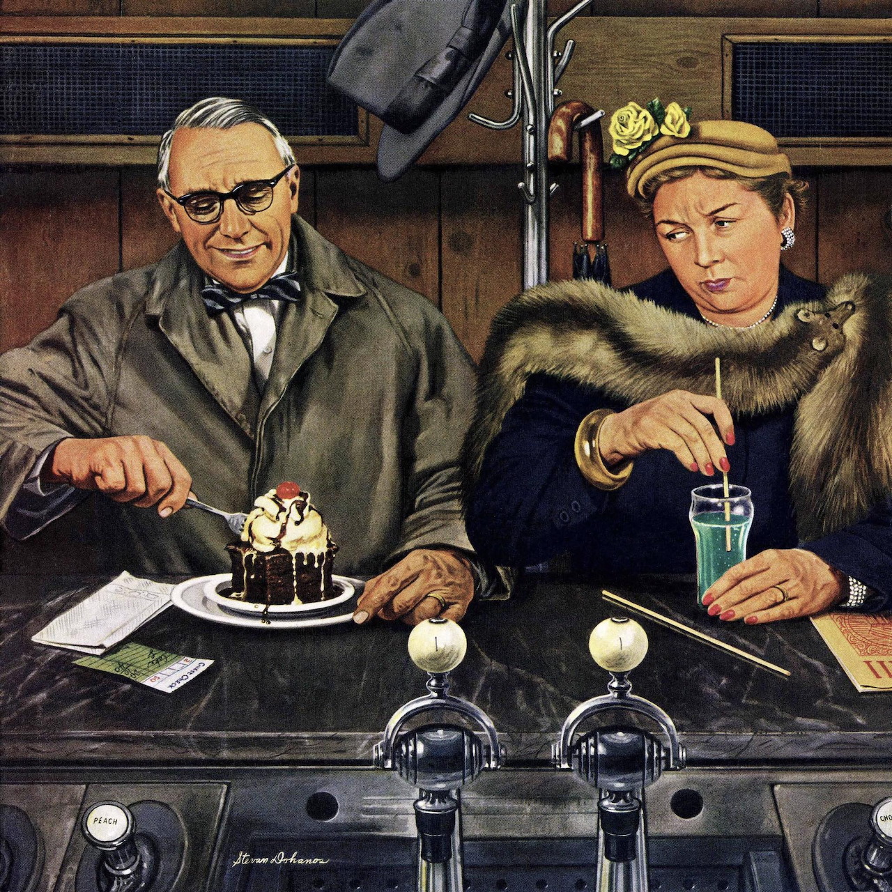 Vintage illustration showing elegant couple at 1950s diner counter with cake and beverages