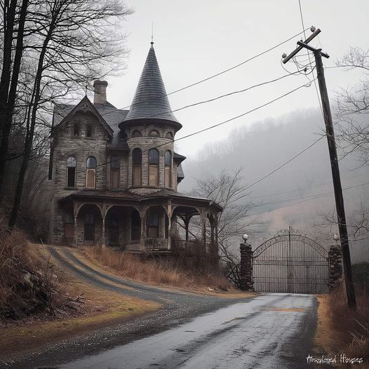 Foggy abandoned Victorian house with turret on hillside beside curved rural road