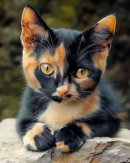 Calico kitten with black and orange markings sitting on a rock looking at the camera