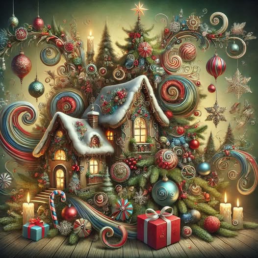 Festive cottage with Christmas ornaments, candy canes, gifts and tree in whimsical holiday illustration