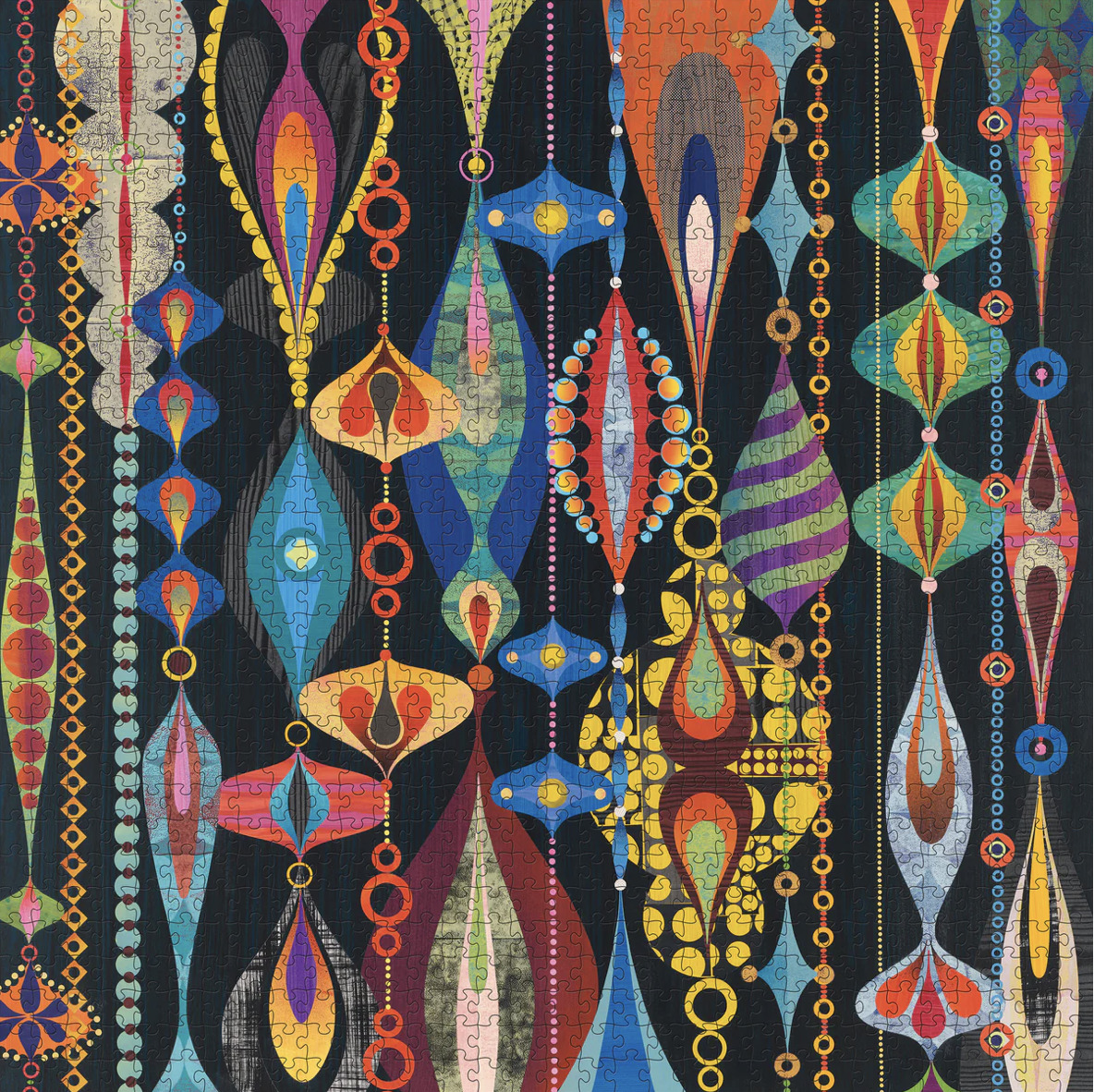 Colorful geometric ornament chains with diamonds, ovals, and teardrops hanging vertically on dark background