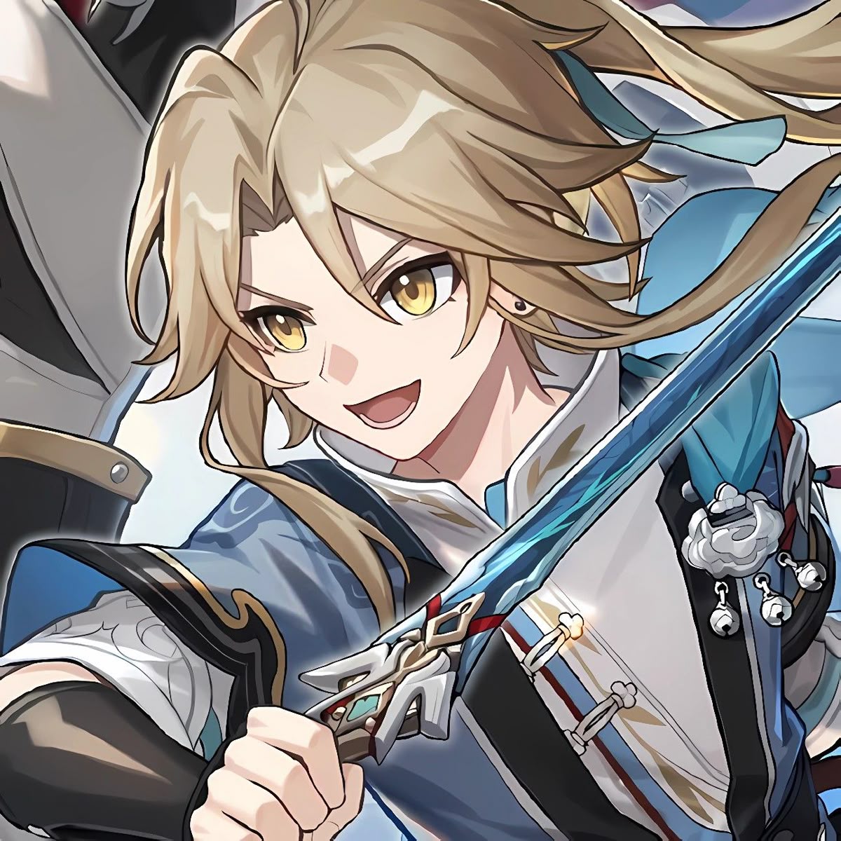 Anime character with blonde hair and golden eyes holding a sword, smiling energetically