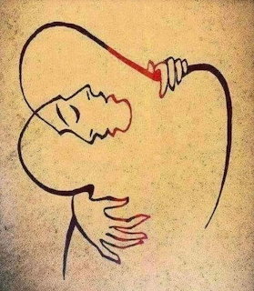 Abstract line drawing of two faces and hands in an embrace on a beige background