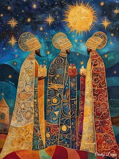 Three robed kings standing under a golden sun and starry night sky with intricate decorative patterns