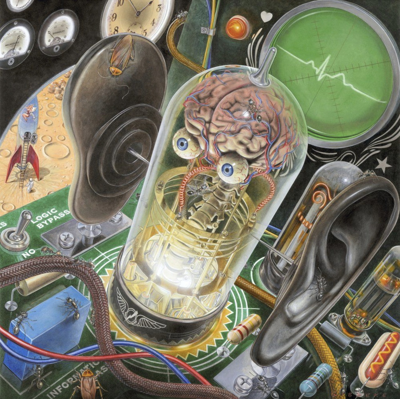 Surreal illustration of a brain in a glass tube with large ears, wires, gauges, and mechanical parts