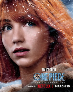 Close-up portrait of woman with orange hair and blue eyes with snowflakes, One Piece Netflix poster