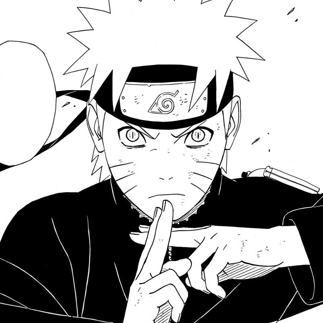 Black-and-white manga drawing of Naruto making a hand sign