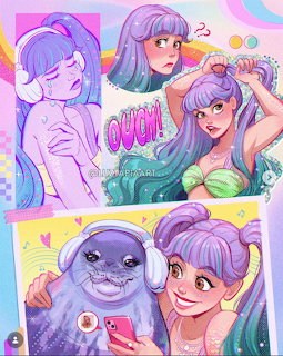 Illustrated collage of purple-haired anime character Lila with seal companion in colorful scenes