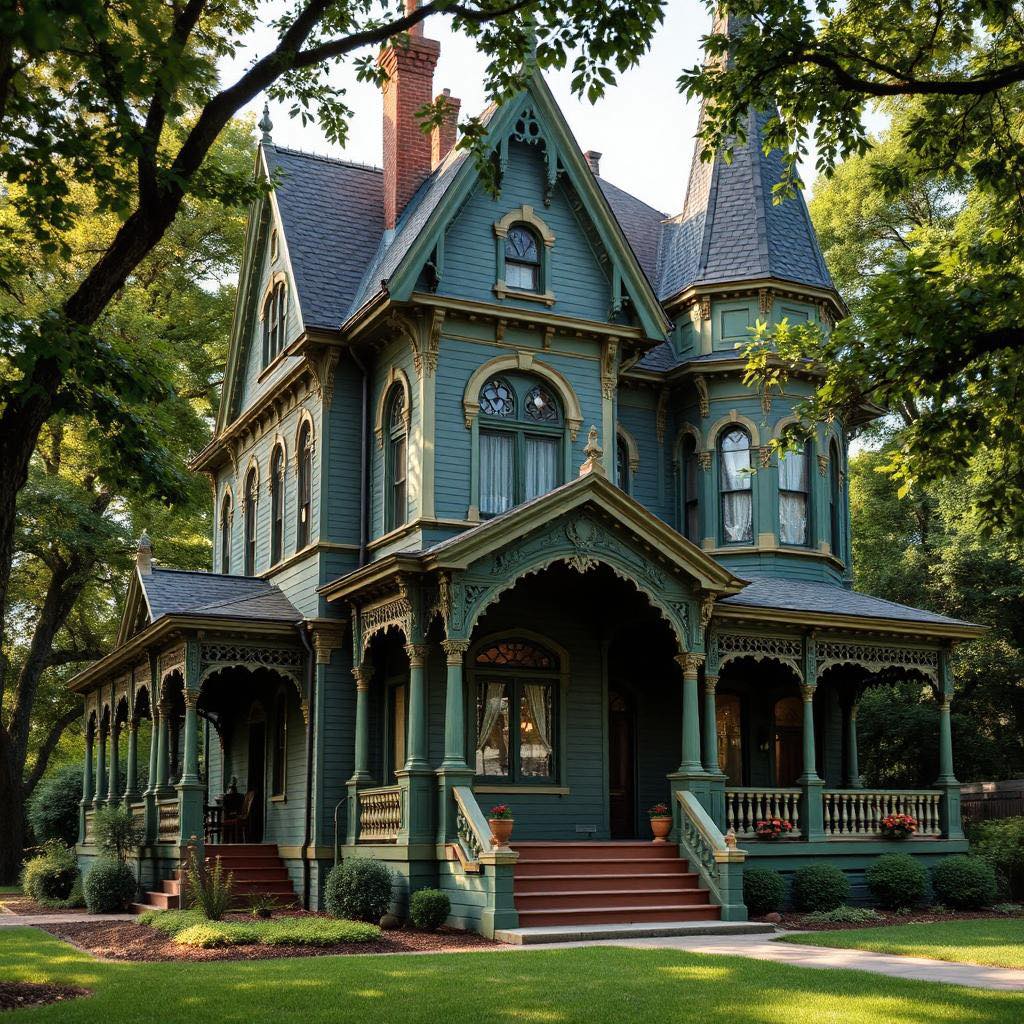 Ornate Victorian mansion with wraparound porch, steep gables, and trees around the front lawn