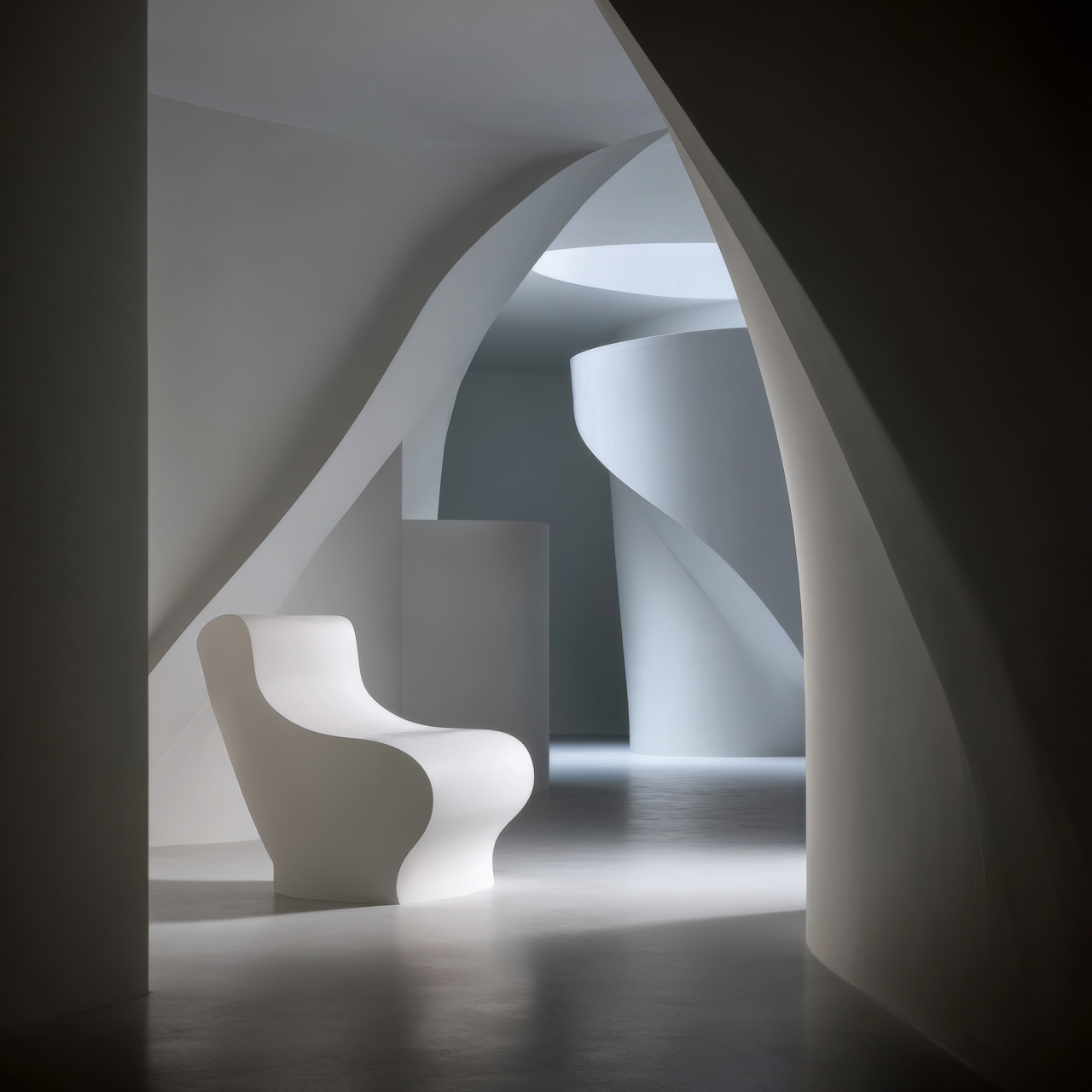 White minimalist room with curved walls and sculptural chair illuminated by natural light
