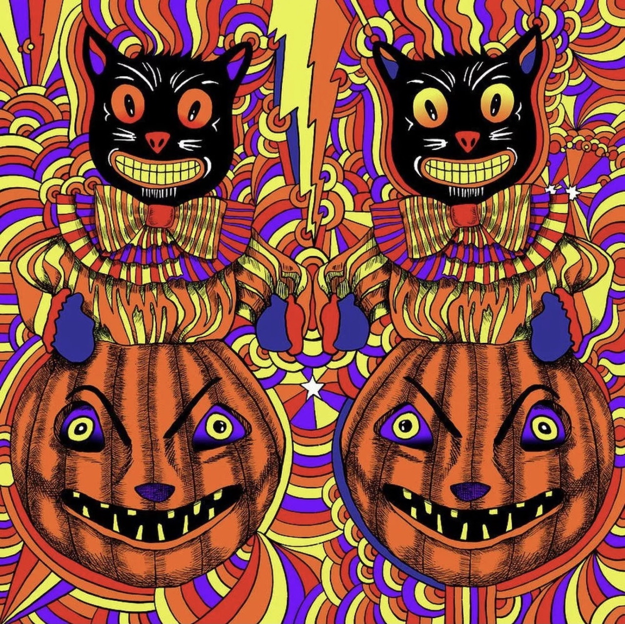 Psychedelic Black Cats & Jack-O-Lanterns