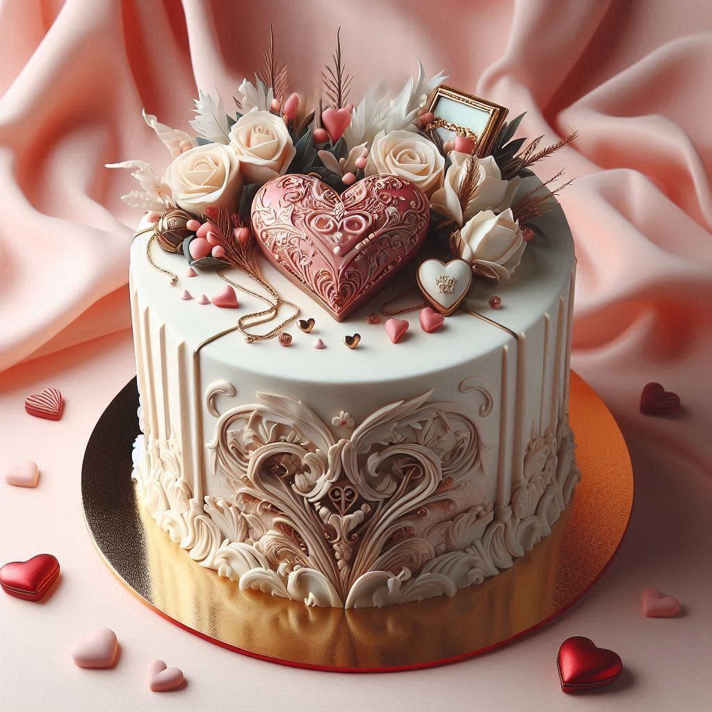 White cake with pink heart decoration, roses, and berries on pink fabric background