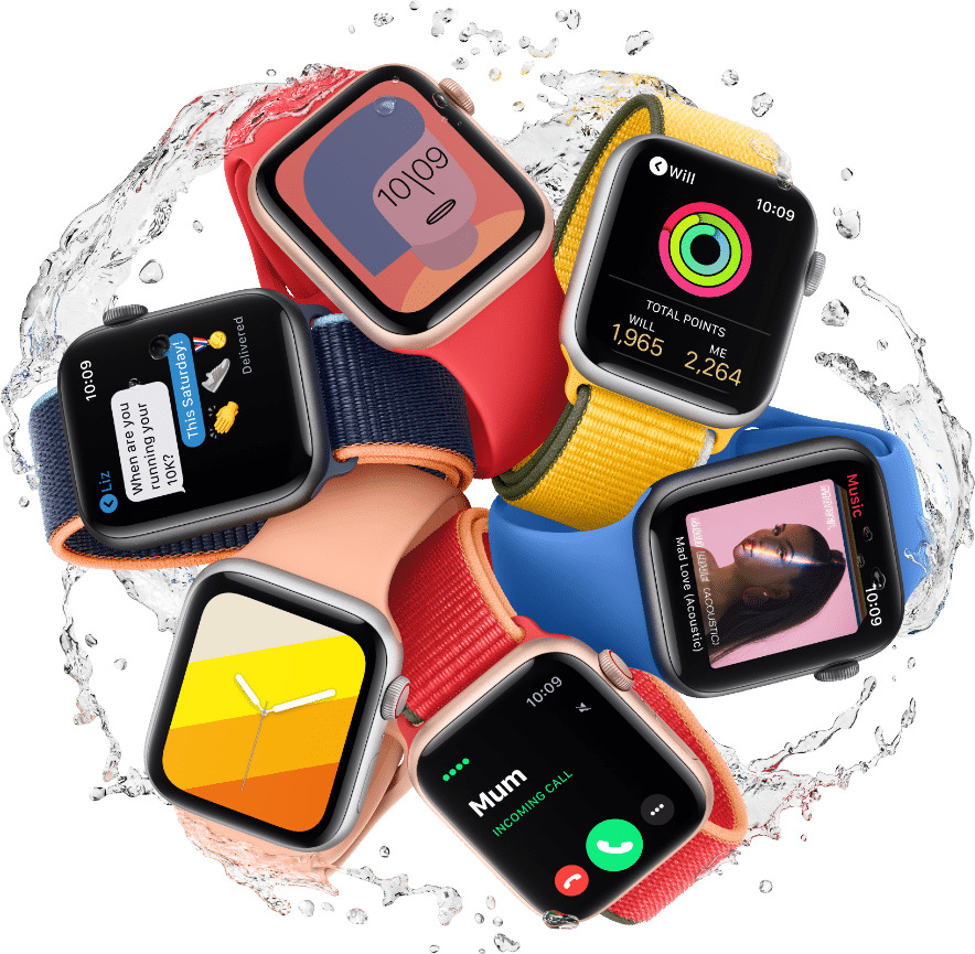 Six colorful smartwatches in a circular layout with water splashing around them