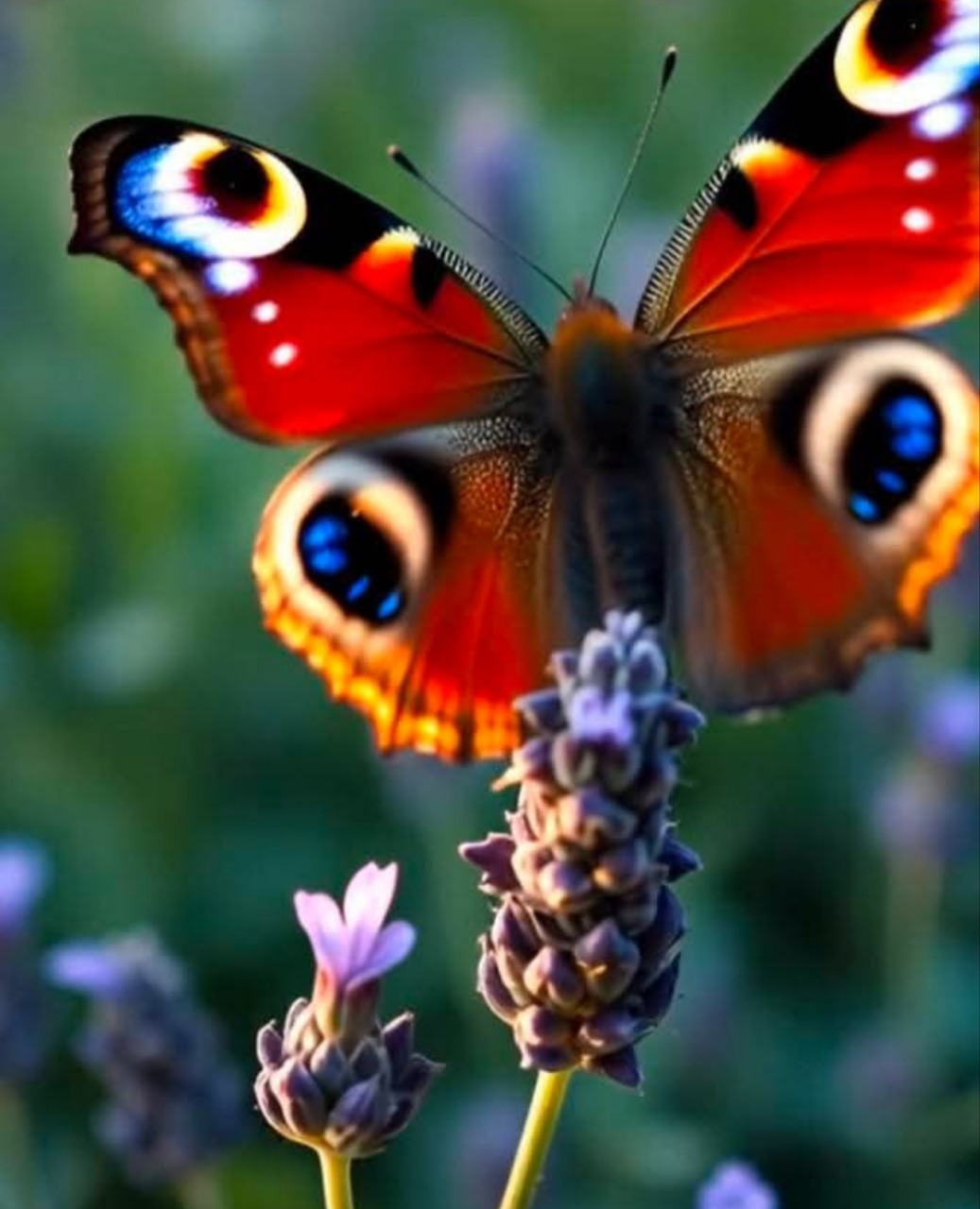 Colorful peacock butterfly perched on a lavender flower in close-up