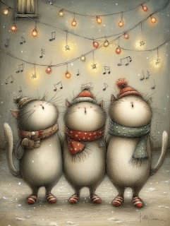 Three cartoon snowmen in scarves and winter hats singing together under hanging lights with musical notes