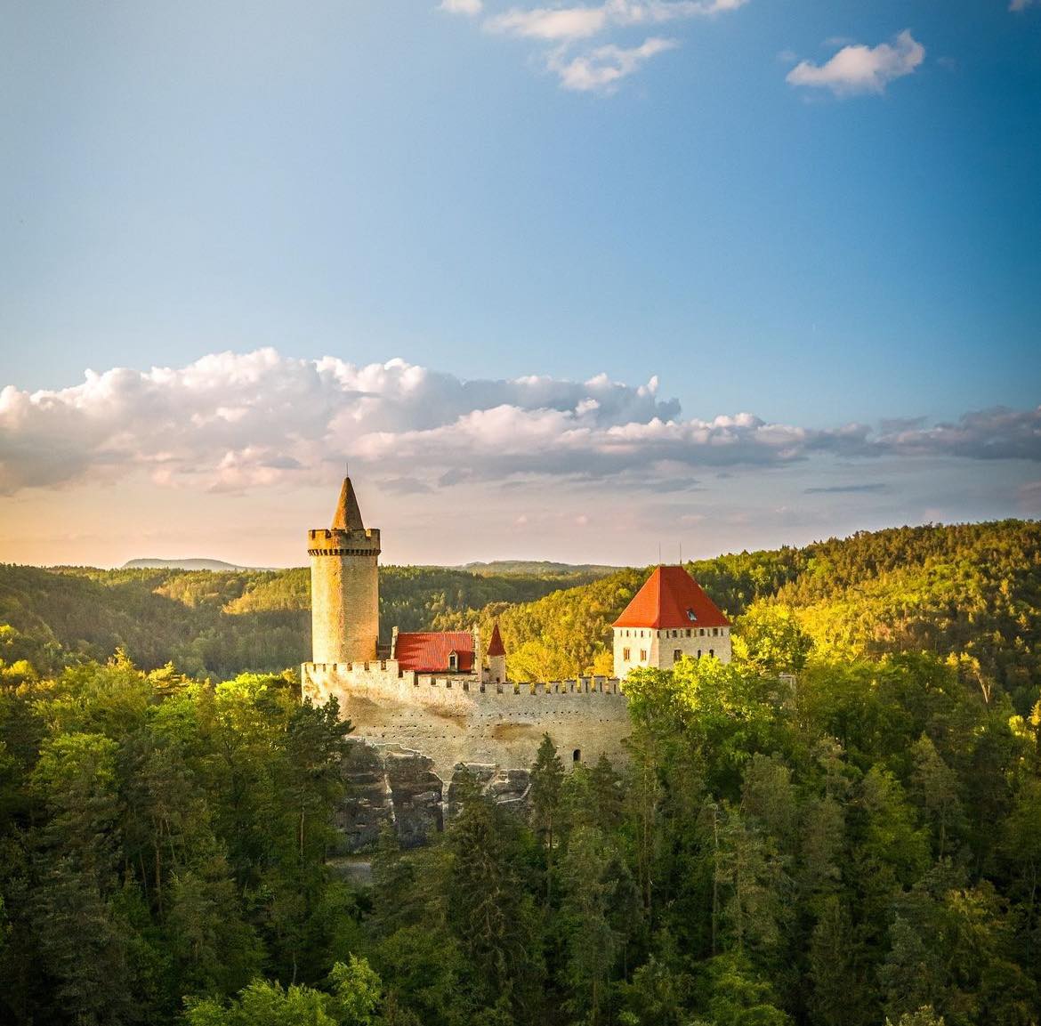 Medieval castle with white tower and red roofs surrounded by dense green forest under blue sky with golden sunlight