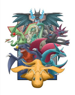 Vertical stack of dragon-type Pokemon characters including Charizard and Dragonite in colorful 3D art