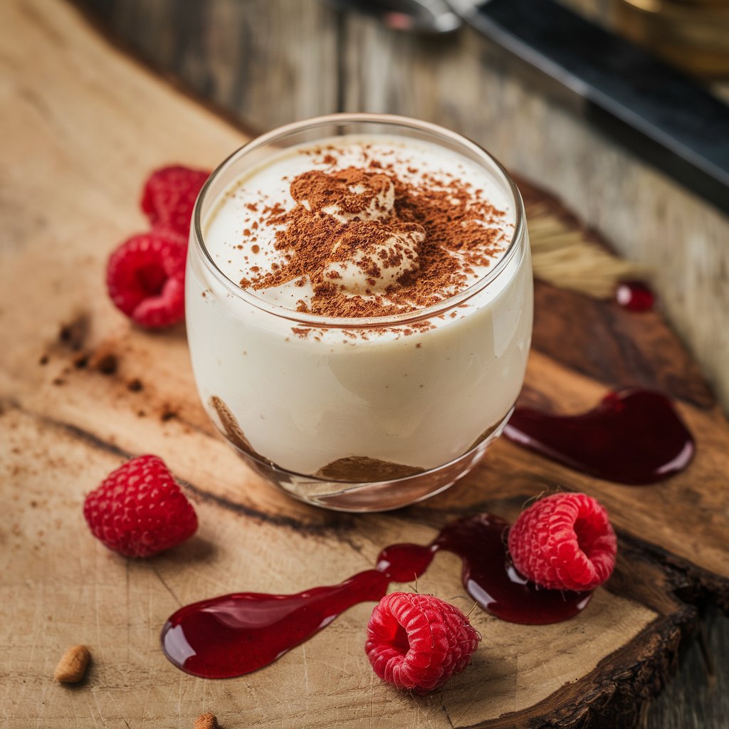 Glass of white mousse dusted with cocoa, garnished with fresh raspberries on rustic wooden board