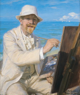 Painting of a man in white suit and hat painting at an easel on a beach with blue sea behind