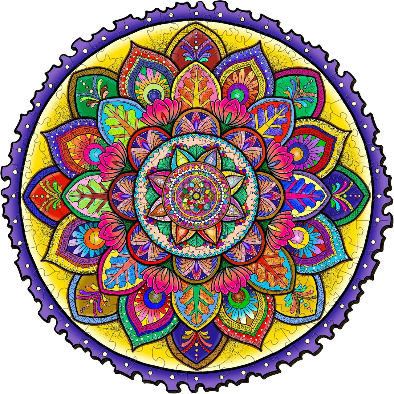 Colorful mandala with symmetrical lotus petals in rainbow hues on yellow background with purple border
