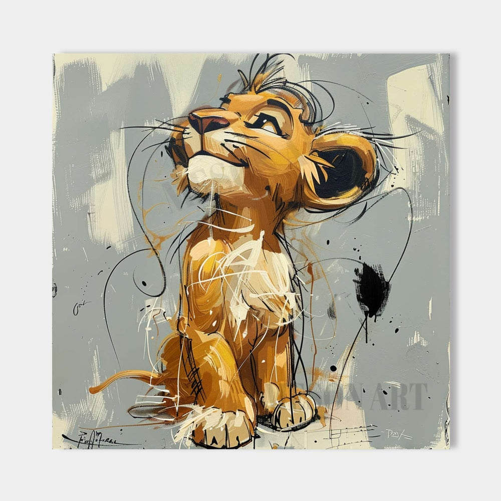 Artistic painting of an orange lion cub sitting with proud expression on abstract background