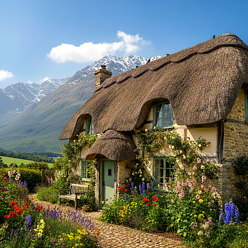 Thatched cottage with colorful garden and mountain backdrop