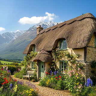 Thatched Cottage Mountain Landscape