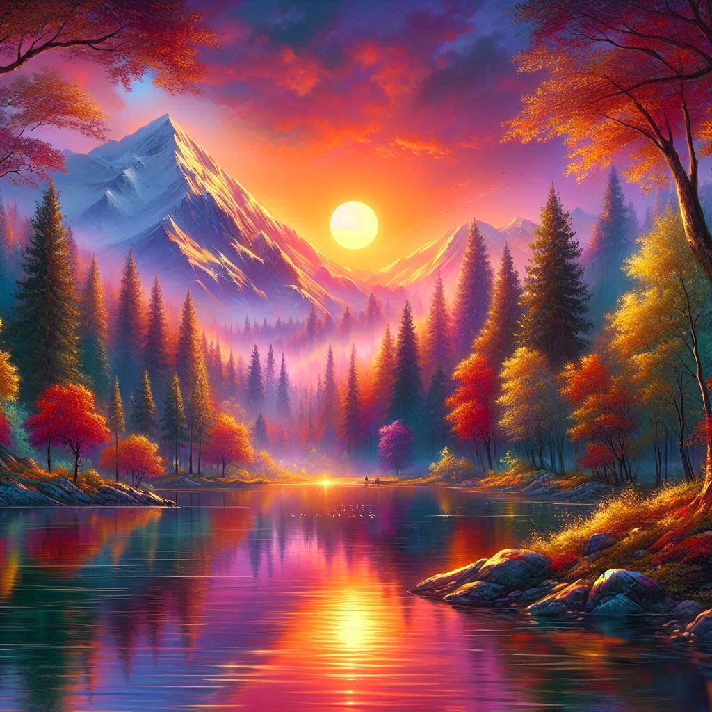 Colorful painted mountain lake at sunset with pine trees, autumn forest, and bright reflections