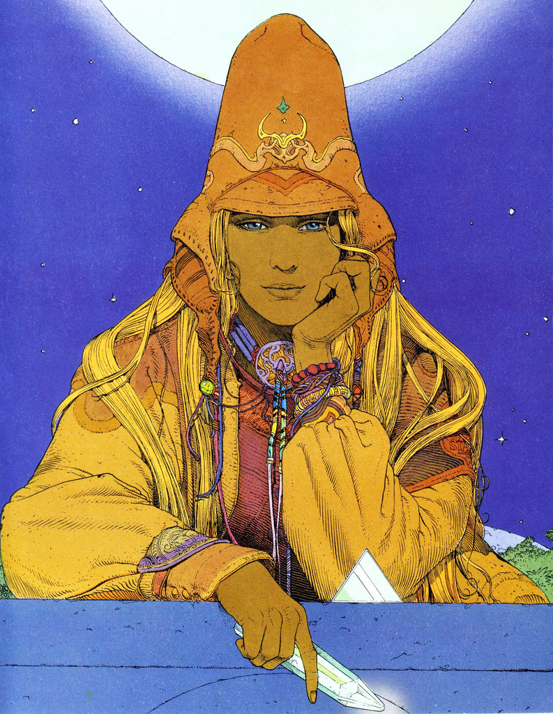 Illustrated figure in orange hooded robe leaning under a blue night sky, in Moebius fantasy art style