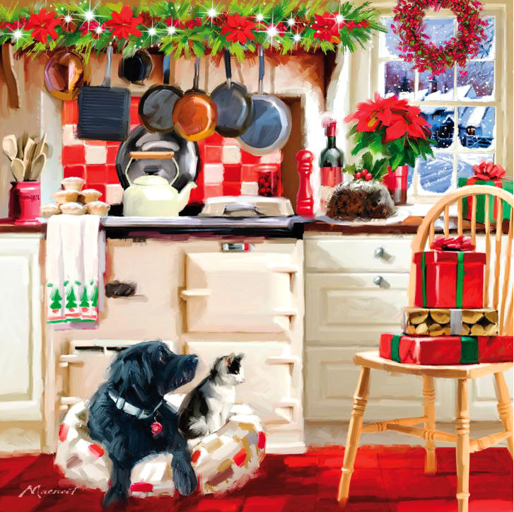 Two dogs in festive kitchen with Christmas decorations, vintage stove, poinsettias, and wrapped presents on yellow chair