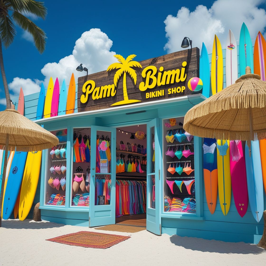 Bright turquoise surf shop storefront with yellow palm tree logo, surrounded by colorful surfboards and thatched umbrellas